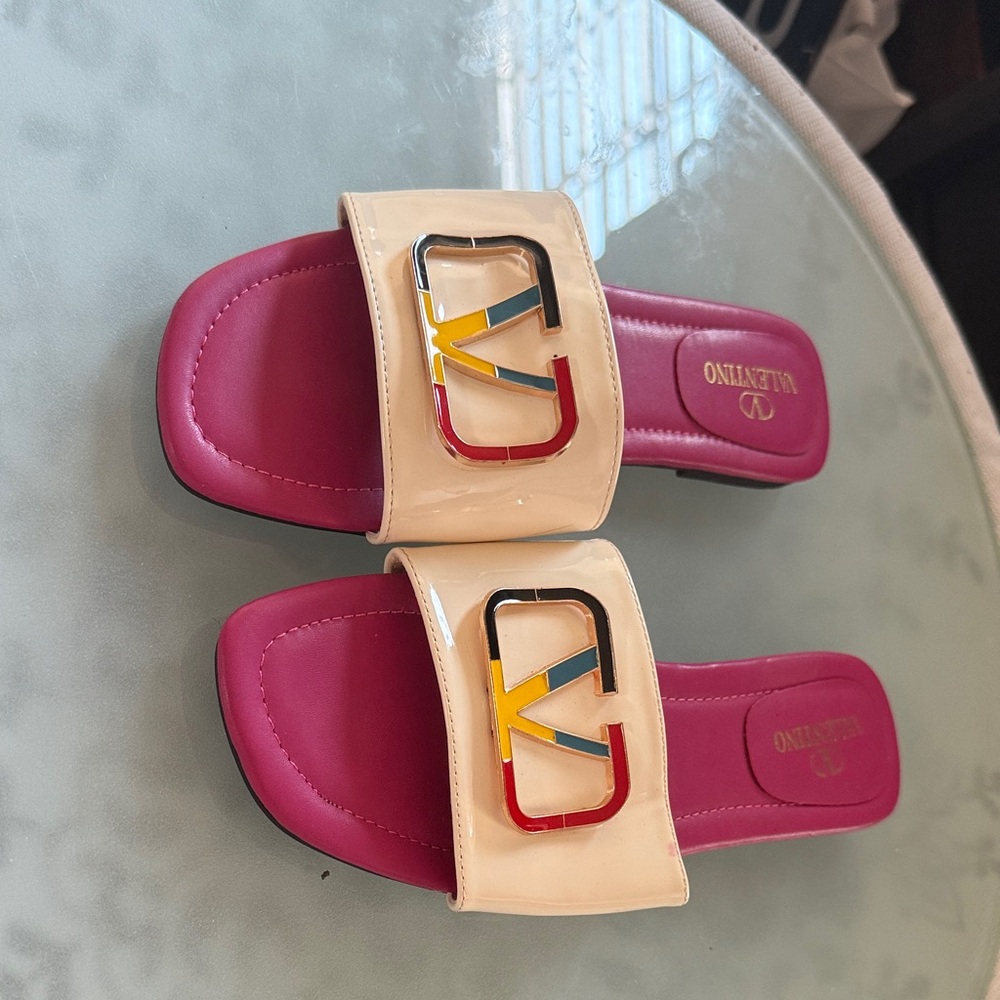 Valentino Cream and Pink Slide Sandals